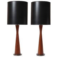 Pair of Tapered Teak Table Lamps