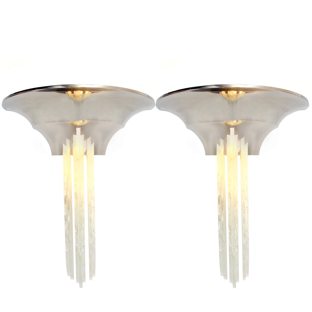 A pair of large light Art Deco sconces with cascading Gobain glass elements with sculptural chromed uplights.