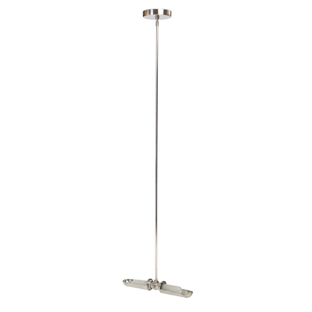 A spare nickeled brass ceiling light having a narrow-gauge stem with two fixtures, each with a light modulating rotating visor.