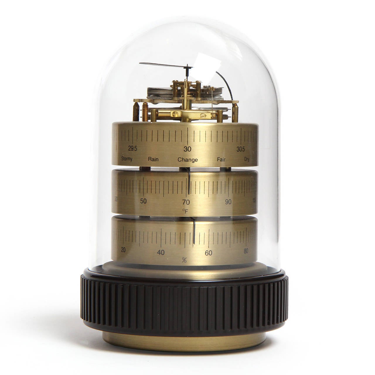 A beautiful, precision-machined desk top weather station encapsulated in a clear dome and incorporating three specific devices: a barometer, thermometer and hygrometer.