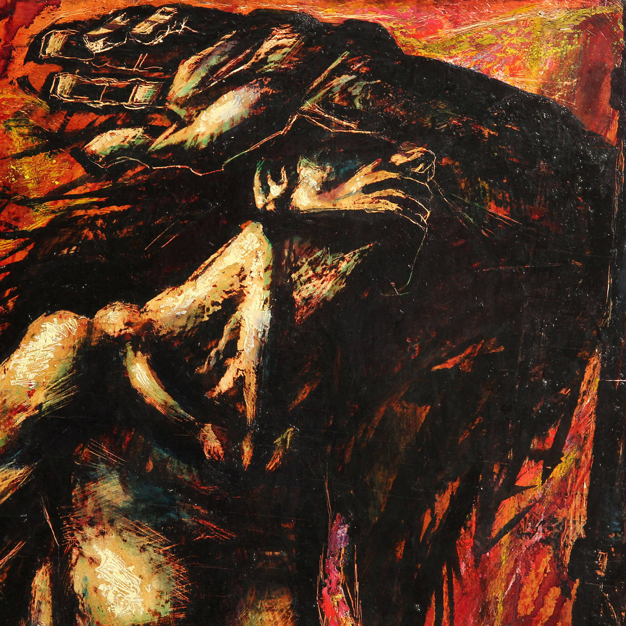 A painting depicting a pair of highly emotive figures set against a color-field of fire toned hues. The piece retains its exhibition label from the National Academy of Design