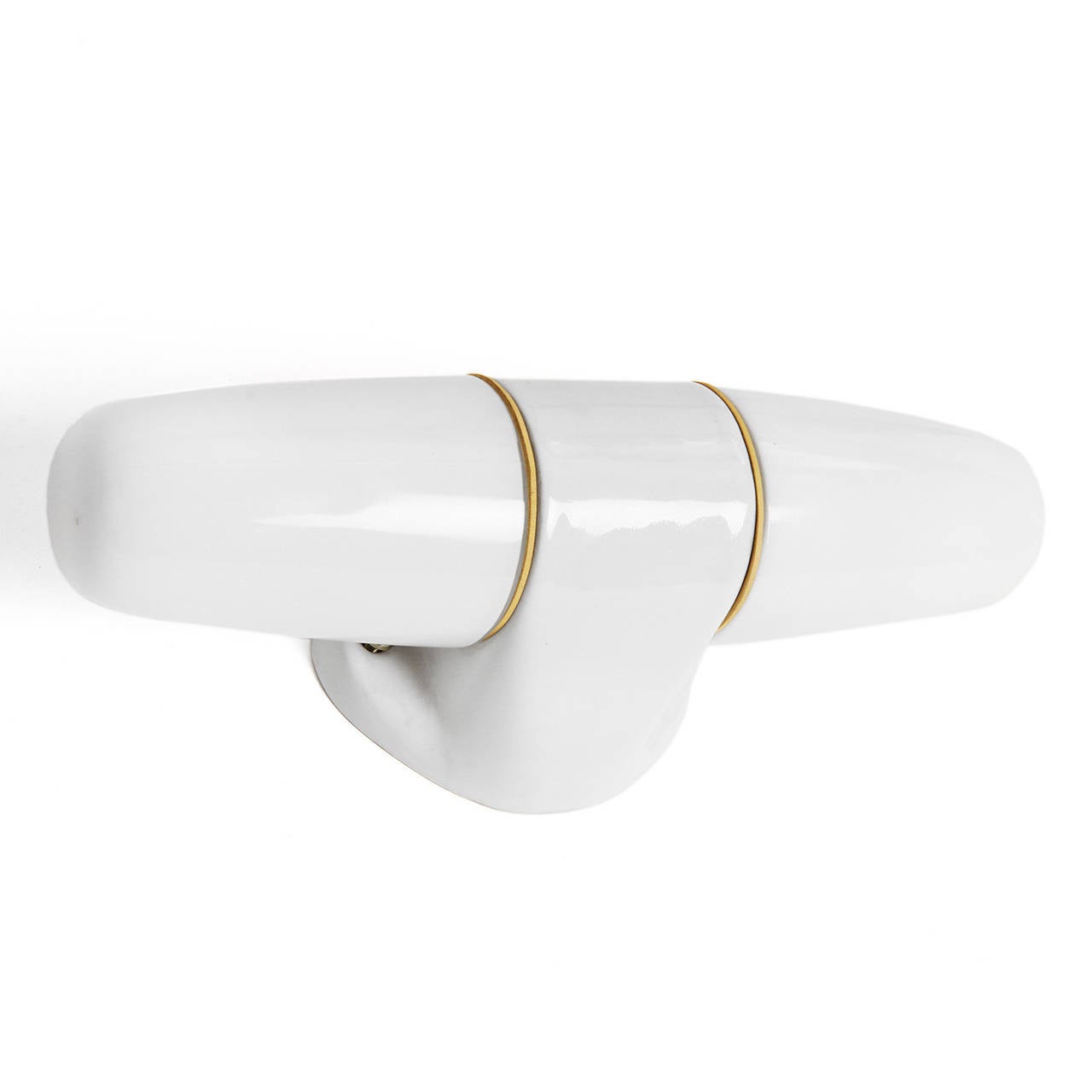 A sleek and finely fabricated wall sconce having a sculptural porcelain body and  projecting, slightly tapered milk glass shades.