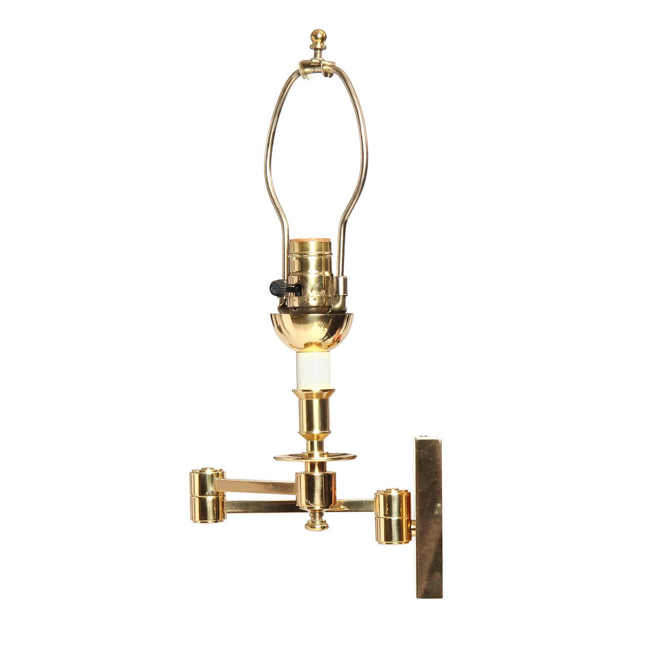 A pair of finely crafted and elegantly detailed swing arm wall sconces made of polished and lacquered brass having a geometric rectangular mounting plates.