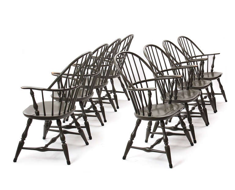 A set of eight (8) painted American Windsor armchair in hickory with a cool gray finish.