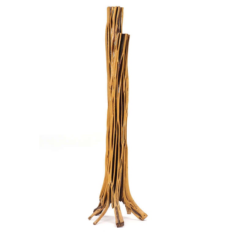 A beautiful and expressive freestanding tropical hardwood tree sculpture with highly textured and striated surfaces and evocative forms. Variable sections in cocobolo and lignum vitae. Priced per tree.