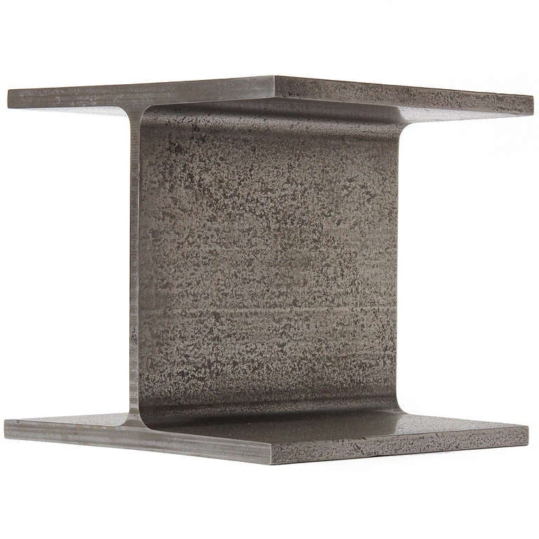 A masterfully executed and balanced end or occasional table (or pedestal) crafted from a large solid, cold rolled steel I beam. The finish presents a rarely seen surface, that being, the natural grain of an organic material, steel.