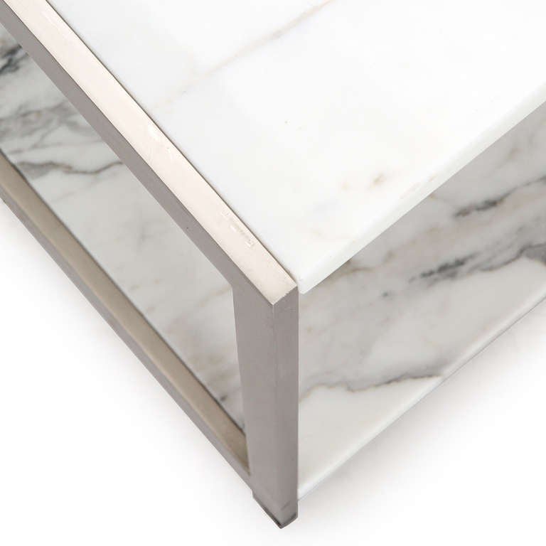 Steel Two-Tiered Carrara Marble Table by Ward Bennett For Sale