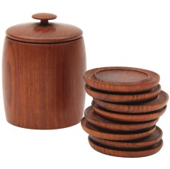 Vintage Teak Coasters And Storage Canister