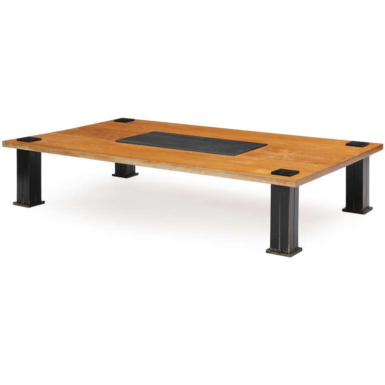 Mid-Century Modern 1970s Unattributed Teak and Slate Low Table of Secessionist Influence For Sale