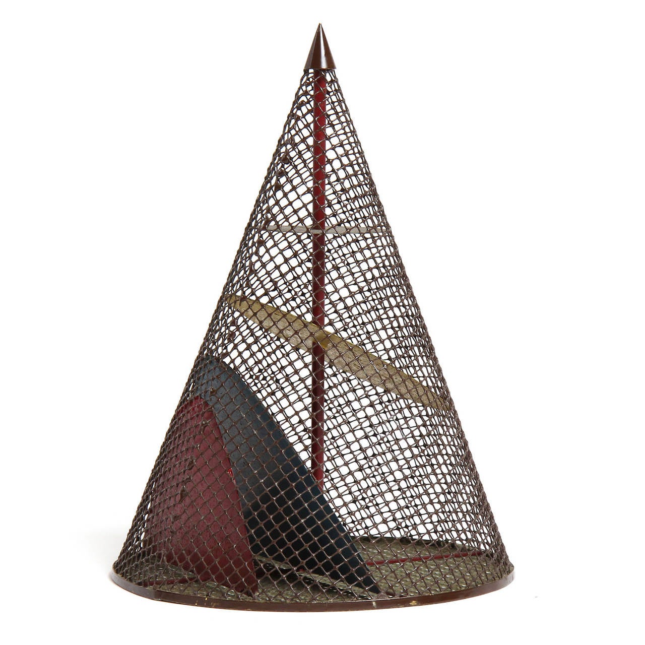 An expressive and finely rendered unique metal sculpture having a conical wire-wrapped form with organic painted shapes encased in the interior.