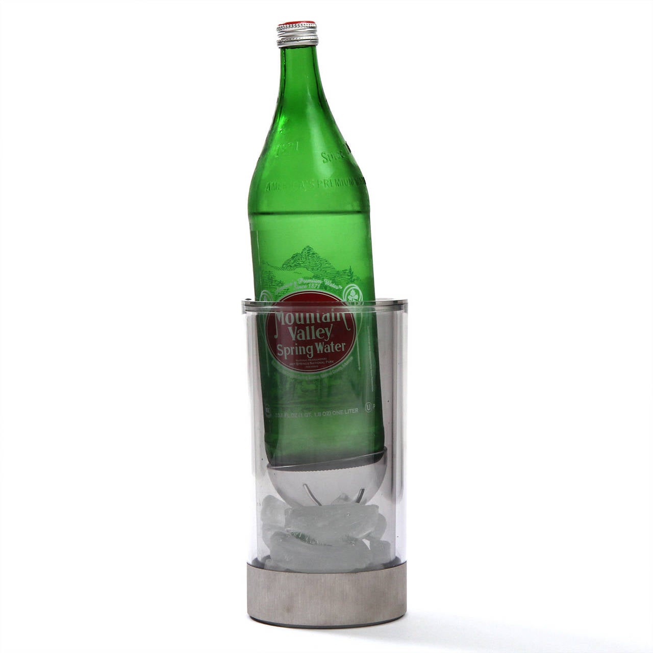A sleek modernist bottle holder of impeccable quality crafted of thick Lucite and brushed stainless steel.