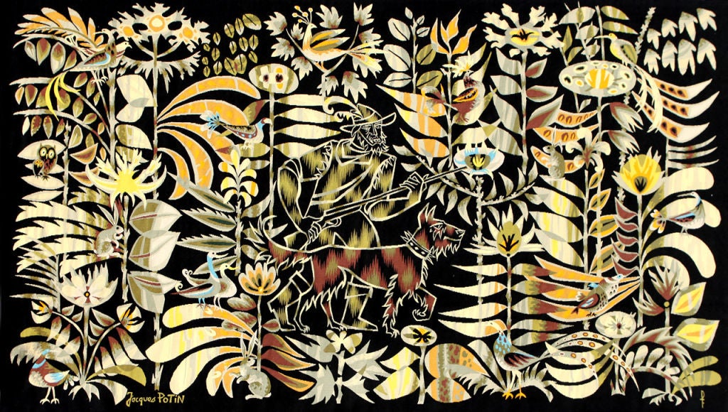 An large scale elaborate modernist aubusson tapestry by Artist Jacques Potin for Pinton Freres, France 1960-70's