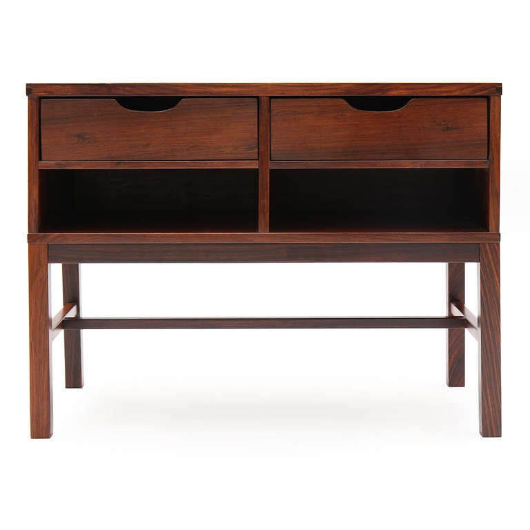 An excellent nightstand or end table constructed of rosewood with two drawers atop open storage with an amazing top surface tiled in handmade porcelain tiles by Royal Copenhagen.