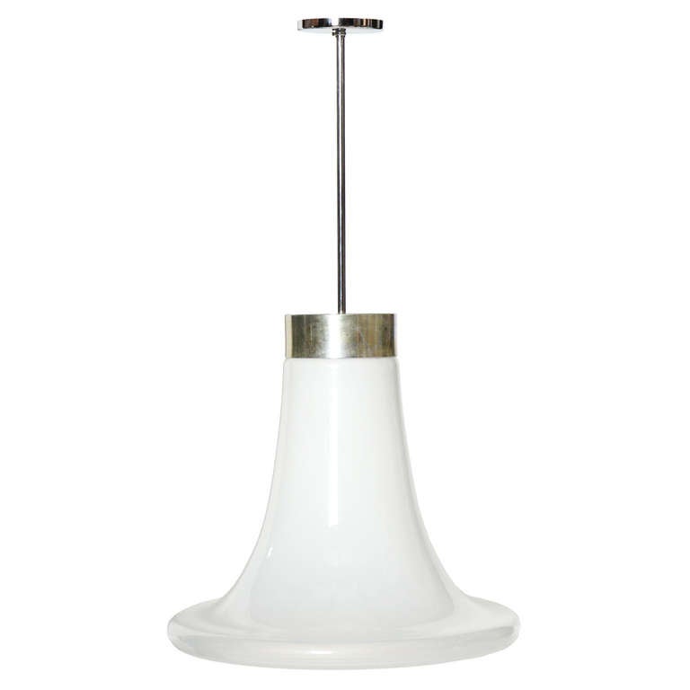 An exquisite glass ceiling pendant of large size with a blown glass cone shape with a folded double wall design.