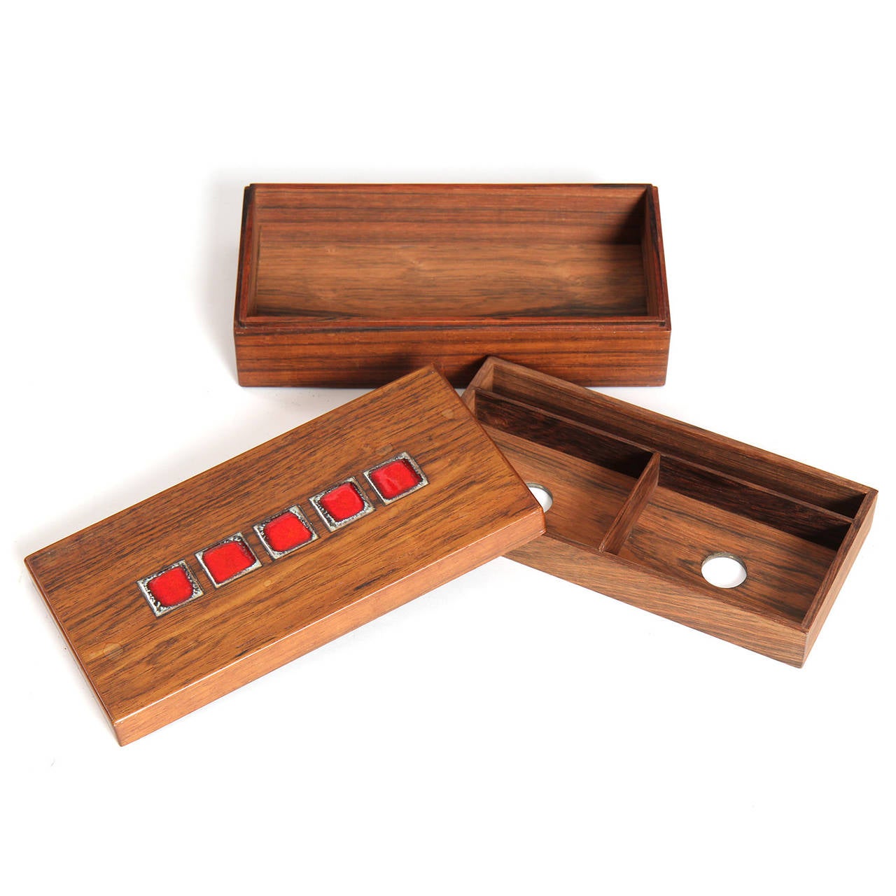 A beautifully crafted rosewood box with five (5) white and red square inlaid tiles with a removable interior tray.