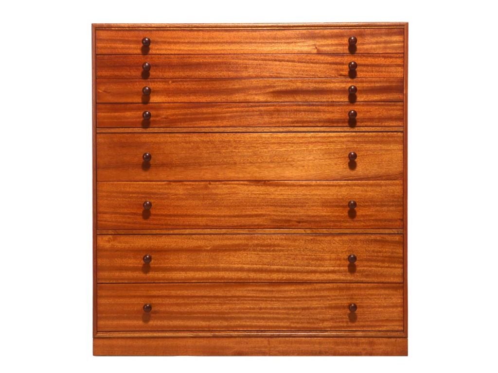A pair of solid mahogany eight-drawer flat file cabinets with dovetailed joinery, on a plinth base. Designed by Mogens Koch, Cabinetmaker Rudolf Rasmussen. Available as a pair or separately.