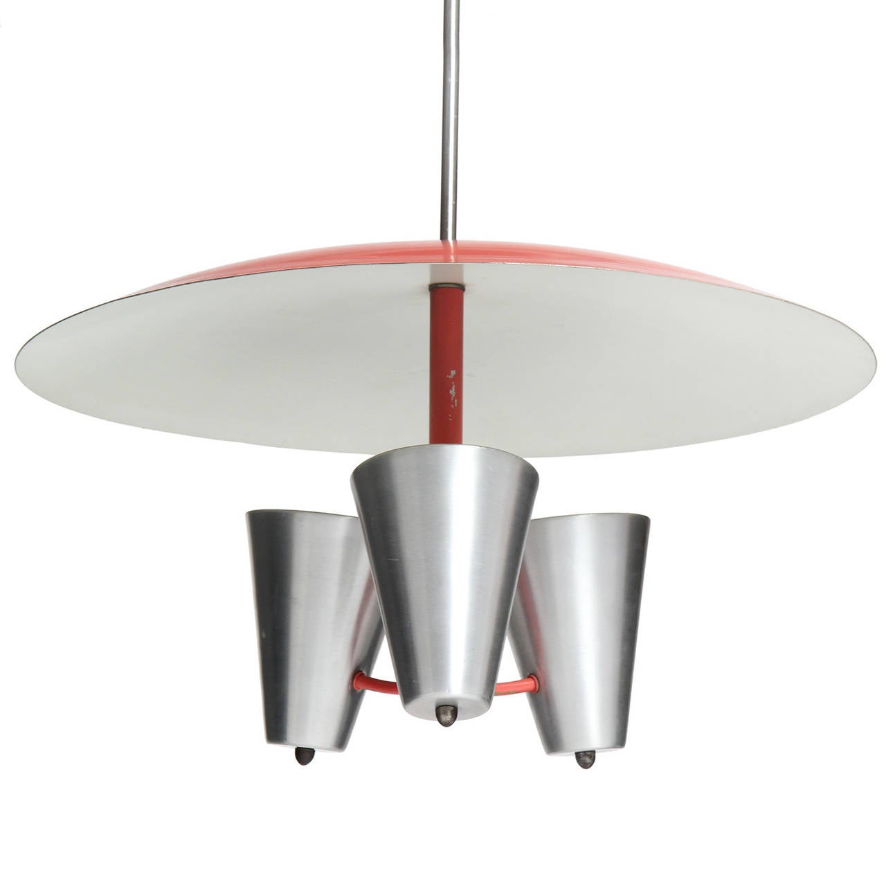 A well scaled and graphic modernist chandelier having a vividly lacquered steel dome and stem with three brushed aluminum conical uplights.