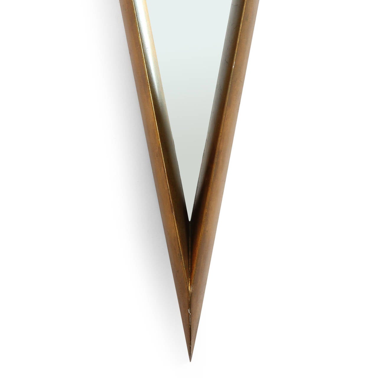 A well scaled gilded wood wall mirror having a dramatic inverted and elongated triangular form.