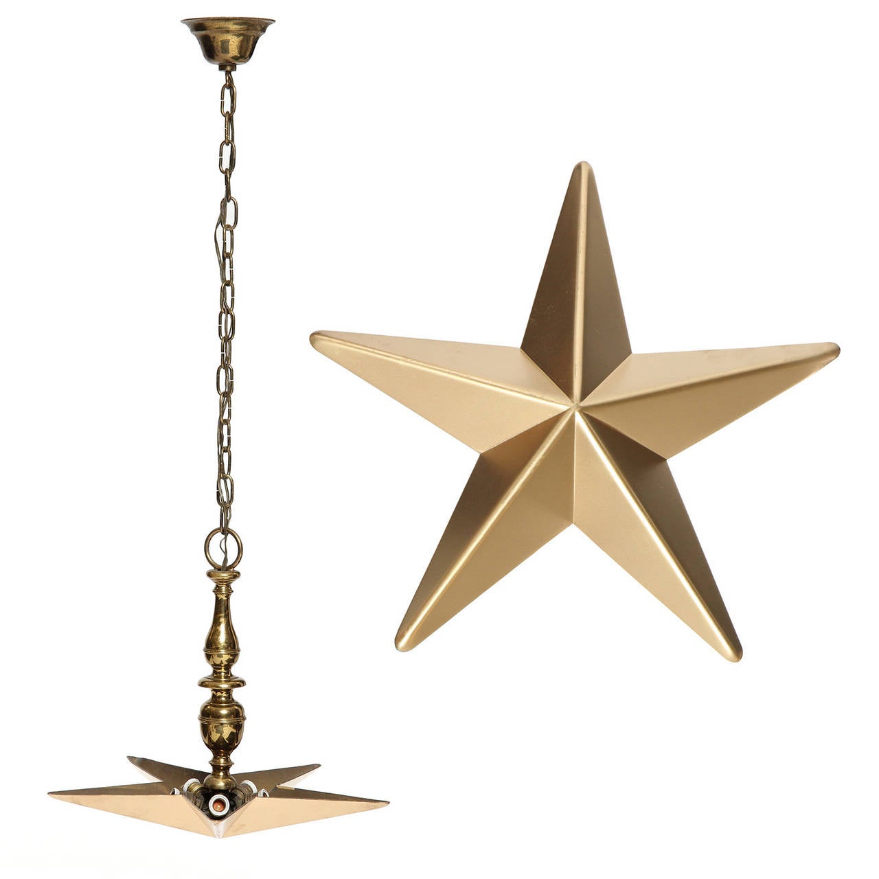 An expressive and well crafted star form brass chandelier, holding three bulbs.