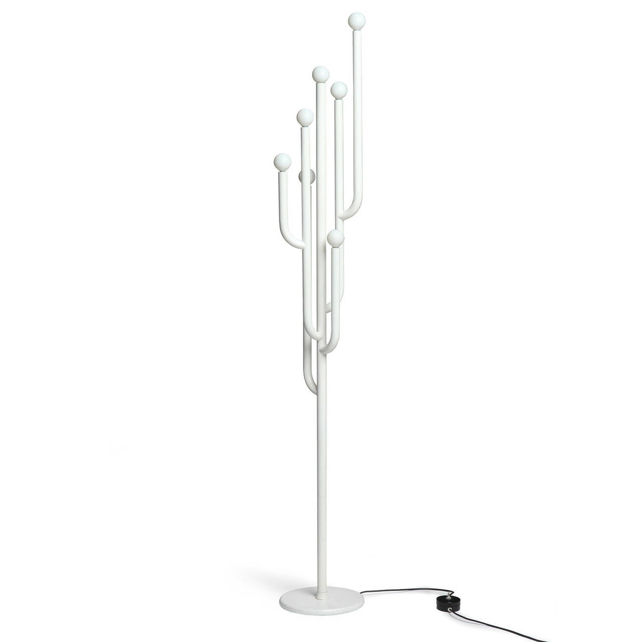 A wonderfully expressive white steel floor lamp having seven arms spiraling upwards from a central stem that rises from a disc base.