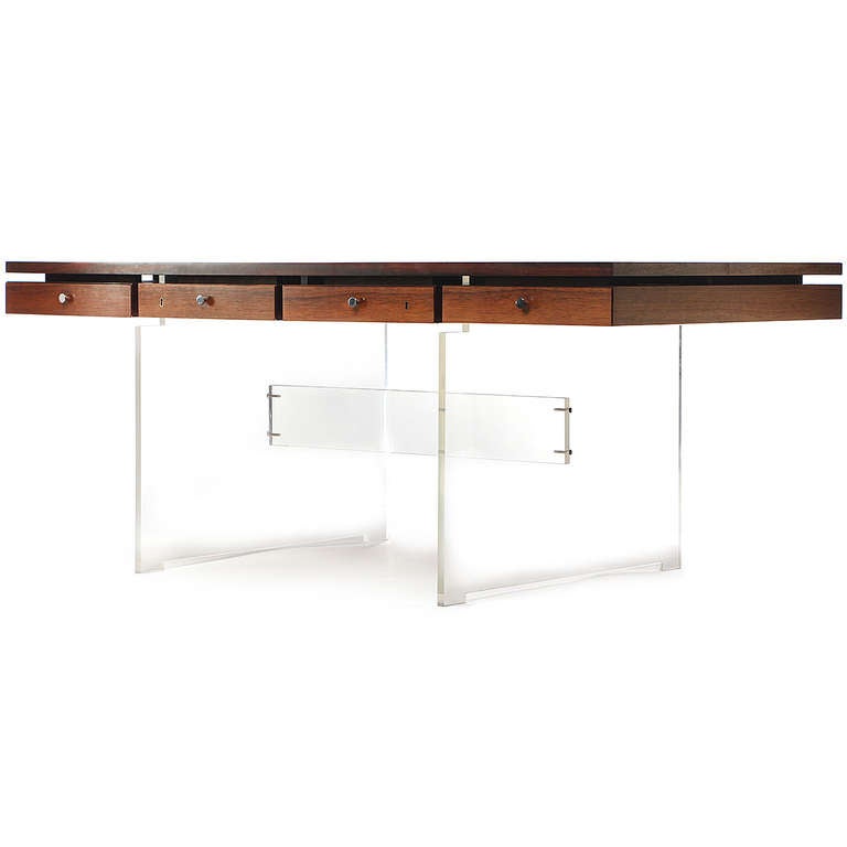 Lucite And Rosewood Desk By Poul Norreklit