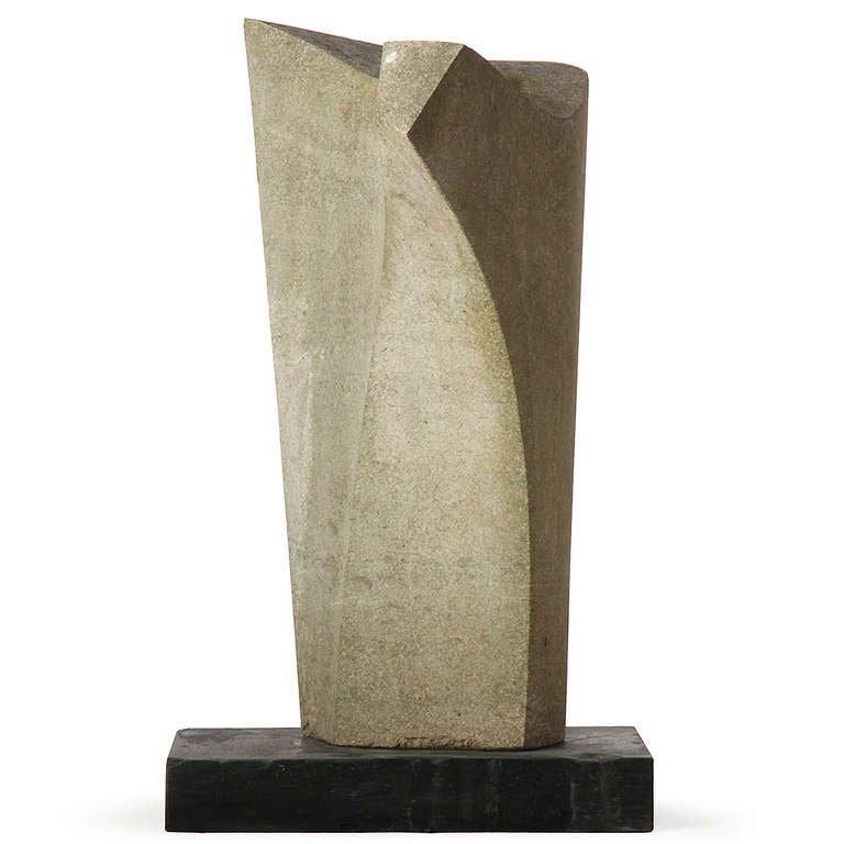 A unique Mocca cream marble sculpture of abstract form on a marble base, titled and inscribed 