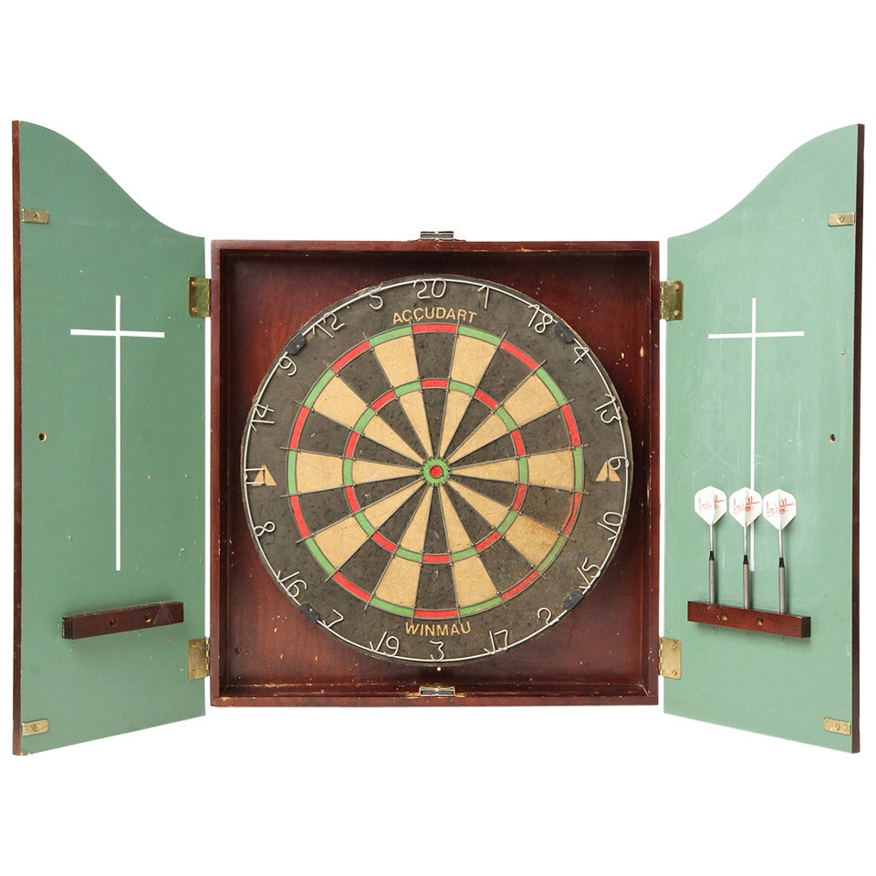 Dart Board Set Housed in a Well-Constructed Wall-Mounted Walnut Case