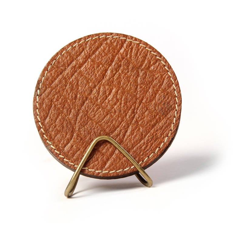 Austrian Impeccably Crafted Set of Six Hand-Stitched Leather Coaster Group by Carl Aubock