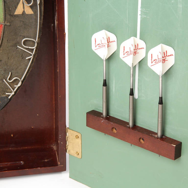 Dart Board Set Housed in a Well-Constructed Wall-Mounted Walnut Case In Good Condition In Sagaponack, NY