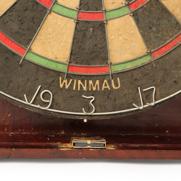 Mid-20th Century Dart Board Set Housed in a Well-Constructed Wall-Mounted Walnut Case