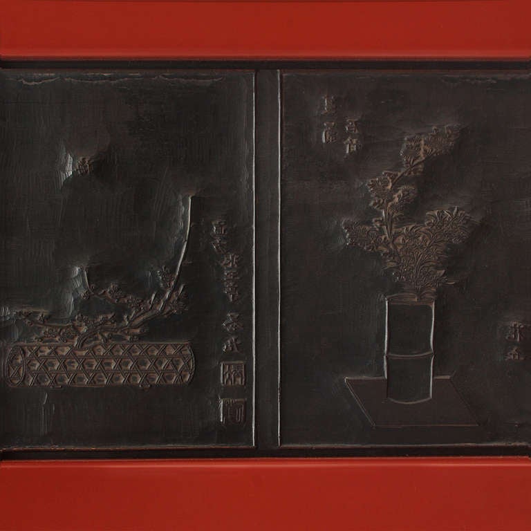 Cinnabar Laquered Cabinet w/ antique Japanese print by Edward Wormley for Dunbar In Good Condition For Sale In Sagaponack, NY