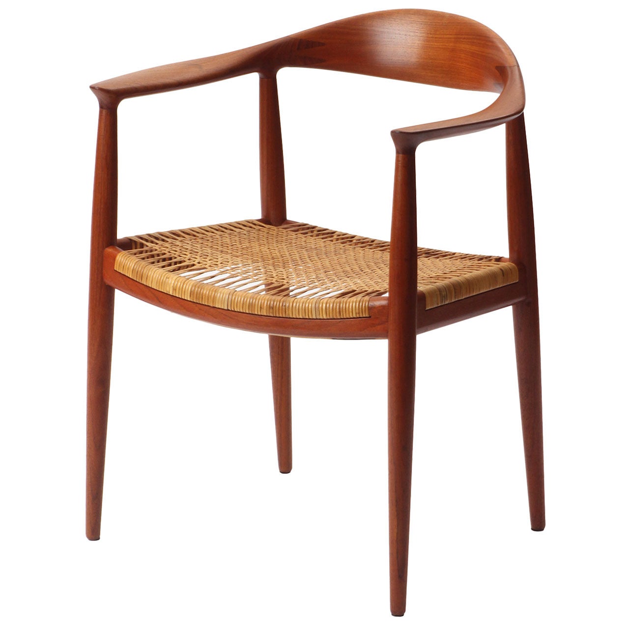 Sedia rotonda in teak con sedile a canne di Hans J. Wegner