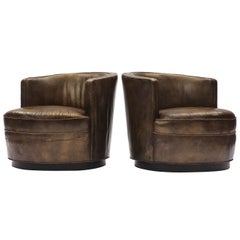 Vintage Superb Leather Barrel-Back Chairs By Edward Wormley