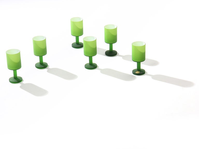 A set of six (6) green glass goblets, by Carlo Moretti. One with original sticker. Produced in Italy, circa 1950s.