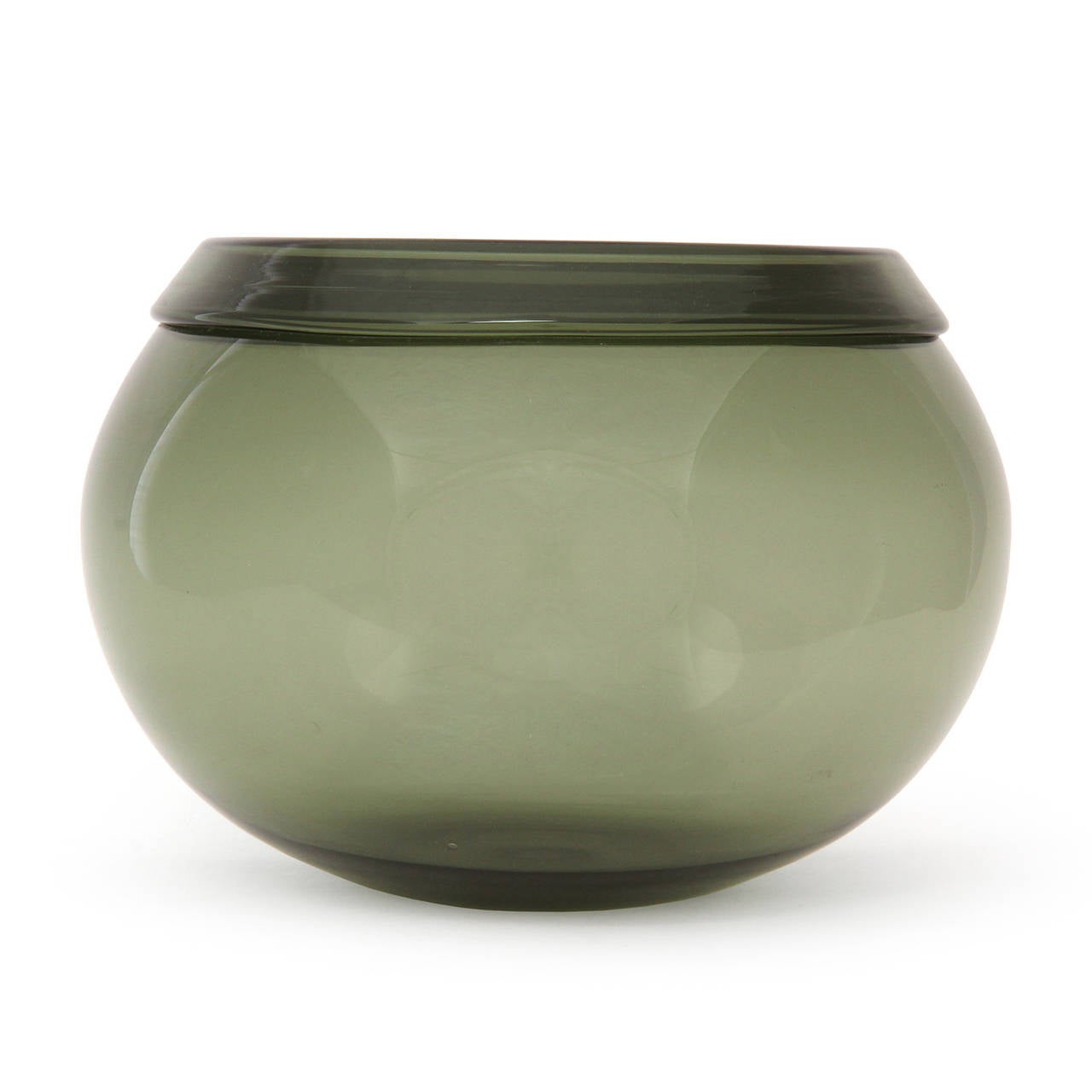 An exquisite mouth-blown vessel rendered in smokey grey-green glass having a bulbous rounded form topped with an expressive overlapping folded rim.