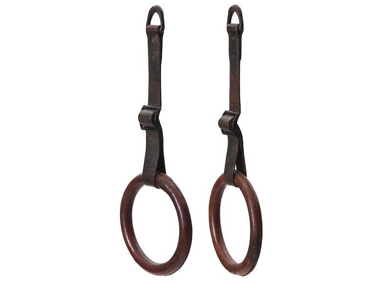 A set of leather wrapped gymnastic rings with adjustable leather straps and cast-iron hooks. Supports such exercises as push-ups, iron cross, dips, pull-ups, and more.