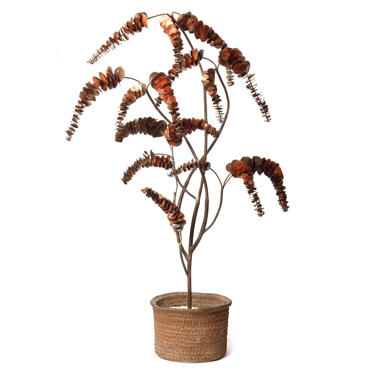 A stunning and exquisitely handcrafted life-size sculpture of a eucalyptus tree by artist John Steck. The tree is made of patinated copper and bronze and sits in its original hand thrown and signed ceramic pot. Made in the USA, circa 1960s.