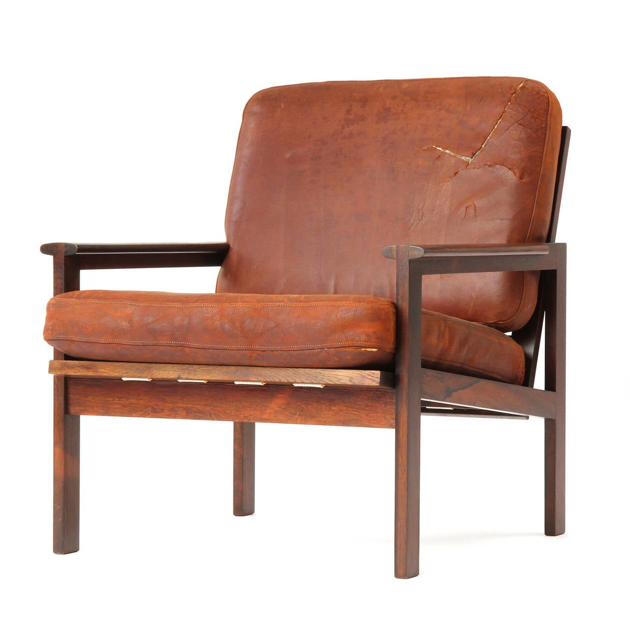 20ième siècle Fauteuil en bois de rose et cuir de Illum Wikkelso pour N. Eilersen en vente