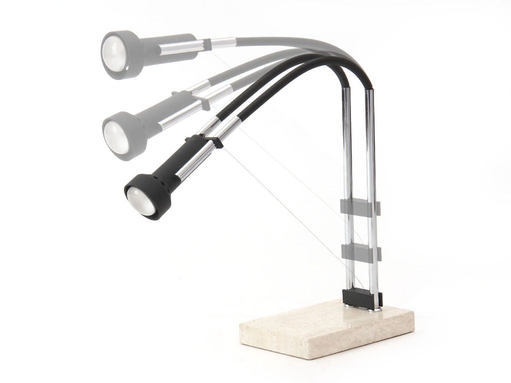 A Mid-Century Modern desk lamp designed by Angelo Lelli with gooseneck arms and a counter-weight and wire system attached to two chrome supports on a marble base. Made by Arredoluce in Italy, circa 1960s.