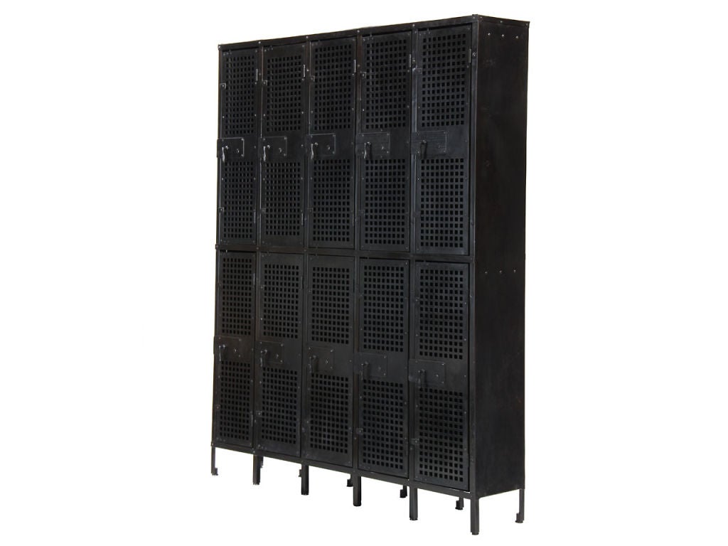 Patinated steel storage cabinet comprised of ten individual 'lockers' each with interior hanging hooks.