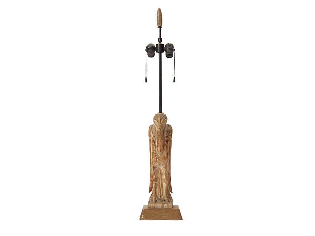 carved oak pelican table lamp by Heifetz