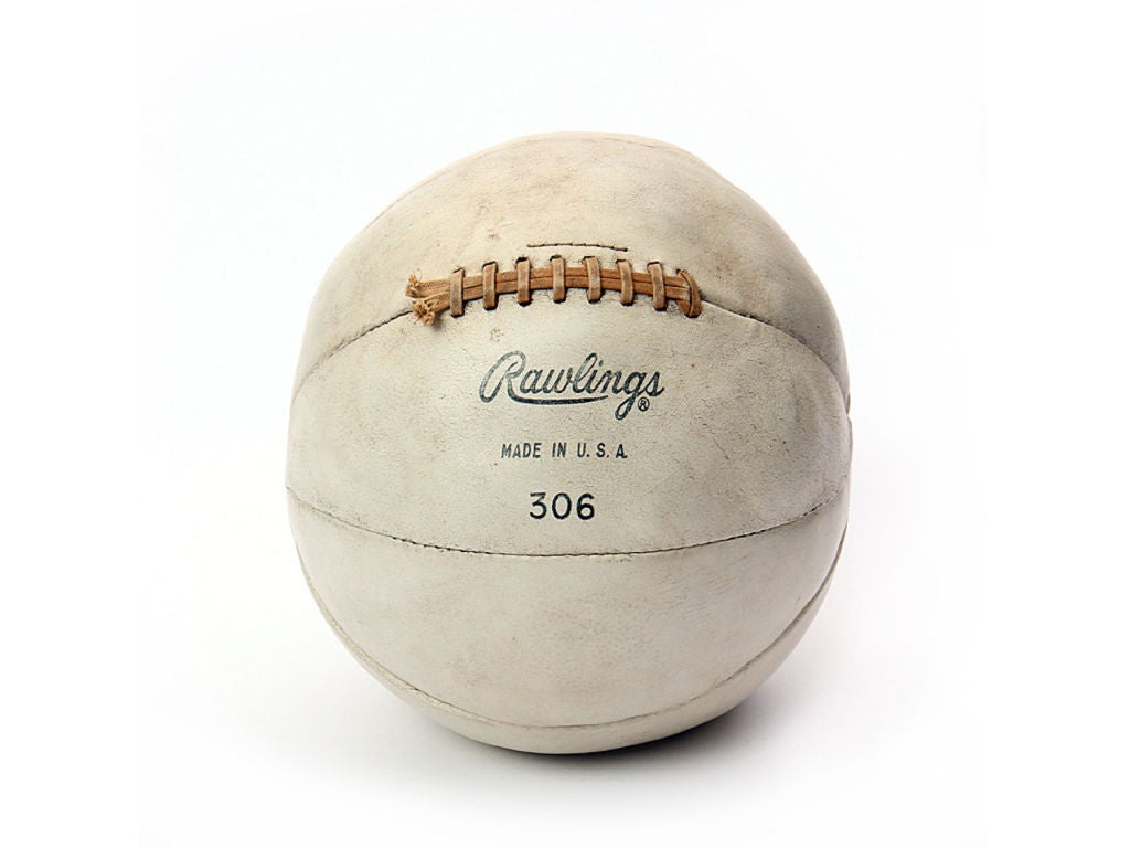 A vintage leather medicine ball. We have various balls that we acquire and sell. Please ask for current inventory.

Many more vintage gym items, including pommel horses, please contact us.
