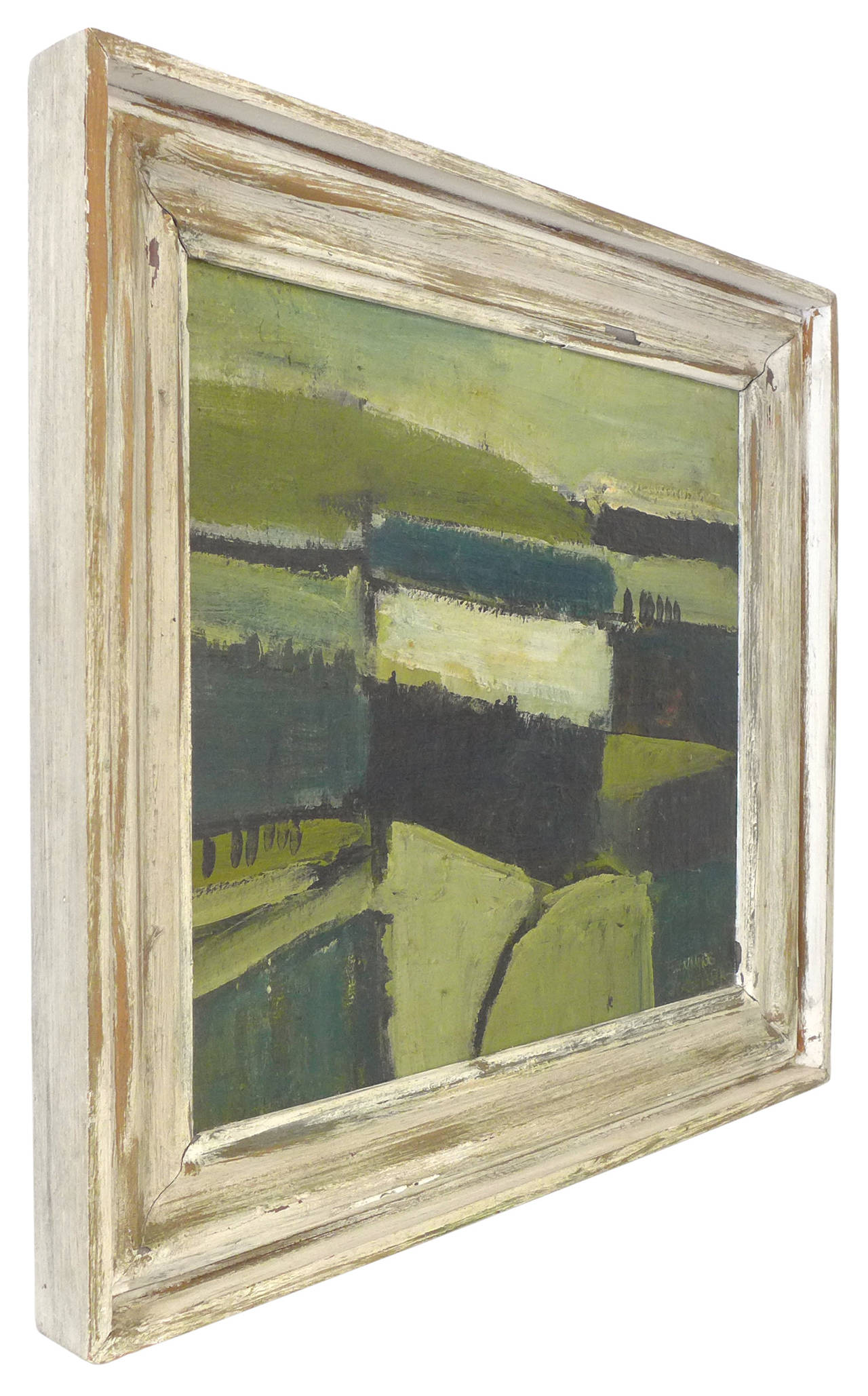 A fantastic abstract-expressionist landscape painting by Danish-born, Victoria-based artist Flemming Jorgensen.  Executed in oil and casein with wax, a beautifully-reduced countryside in a wide spectrum of muted greens, appropriately titled,