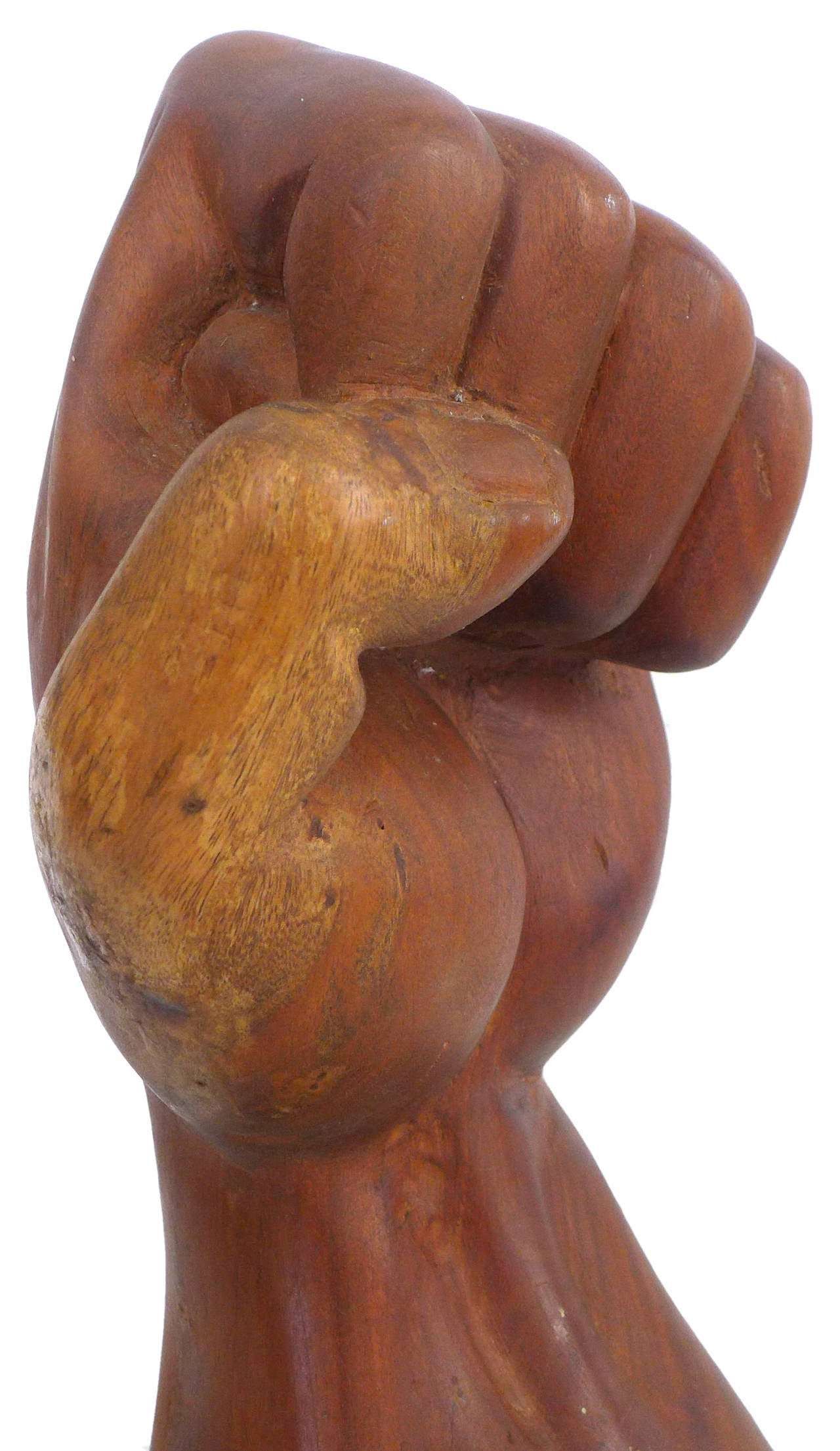 A beautifully-carved, exaggeratedly-realist, wood carving of a raised, clenched fist.  Wonderful scale, detail and execution.  A bold statement of solidarity and defiance in a strong organic medium.