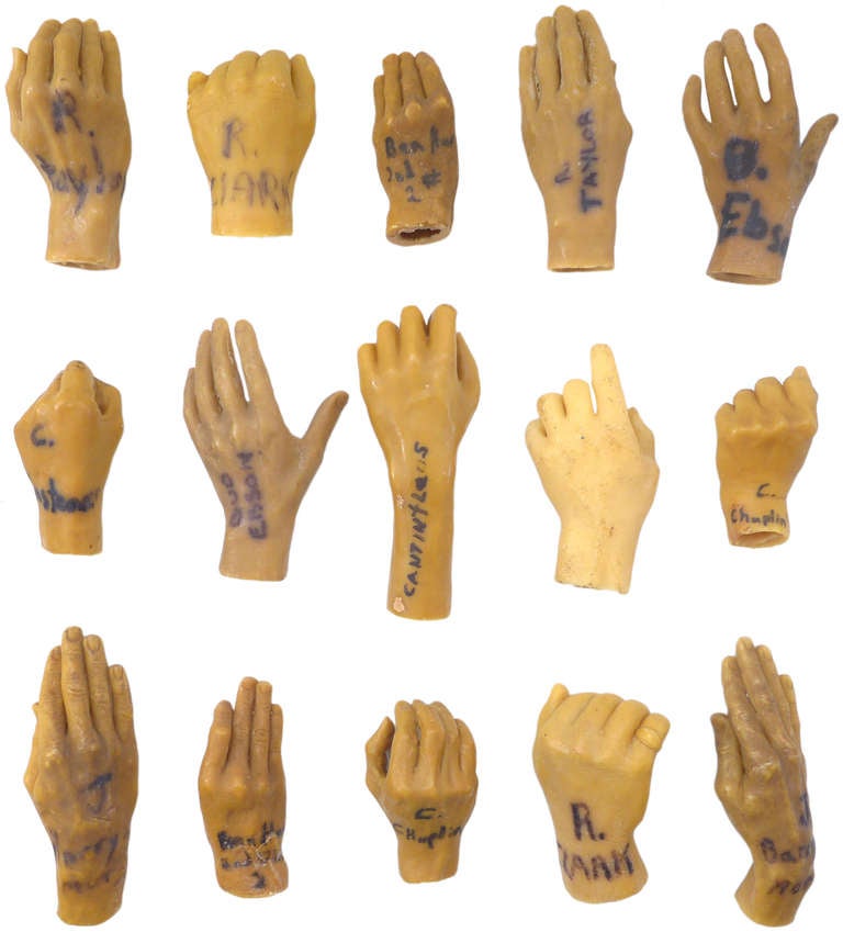 A wonderful and unusual collection of wax hands that were acquired from a now defunct California Wax Museum. Beautifully cast in various positions and labeled with black marker, this collection includes such Hollywood luminaries as W.C. Fields,