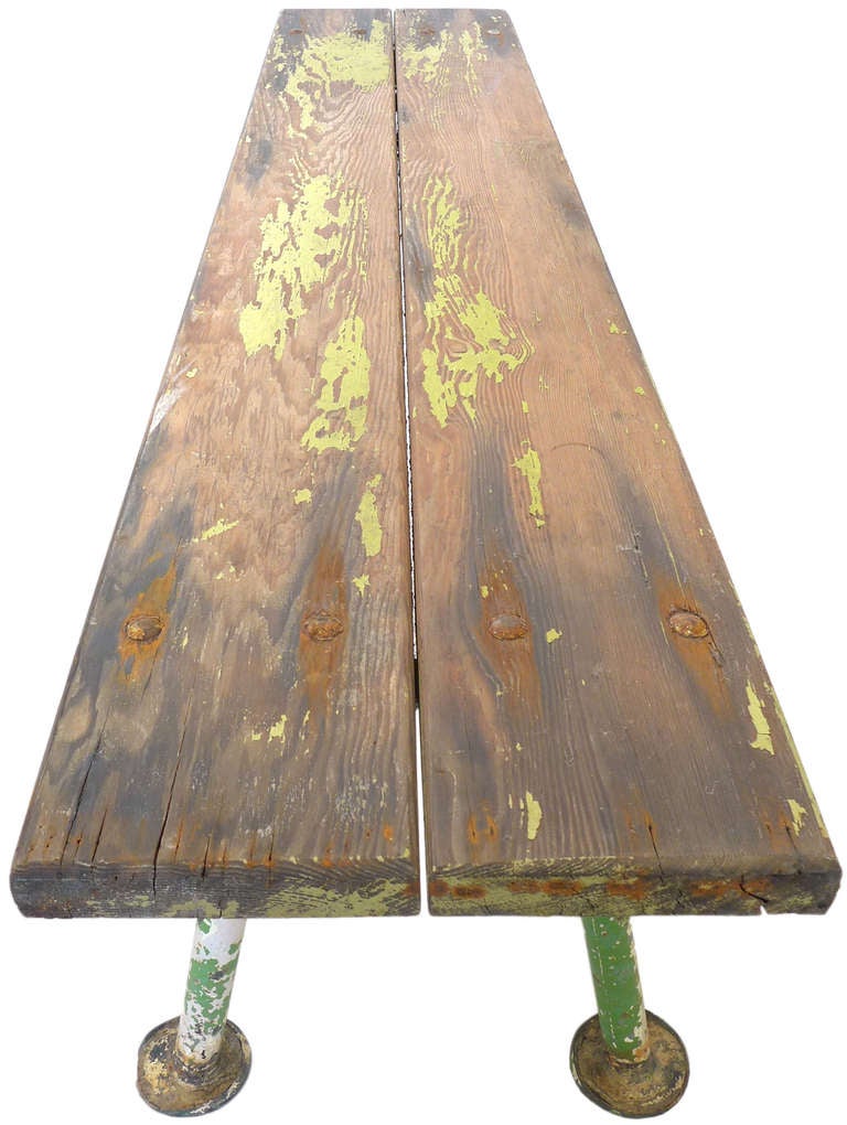 Primitive Wood and Steel Gymnasium Bench In Distressed Condition In Los Angeles, CA