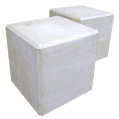 Pair of Massive Faceted Travertine Cube Tables