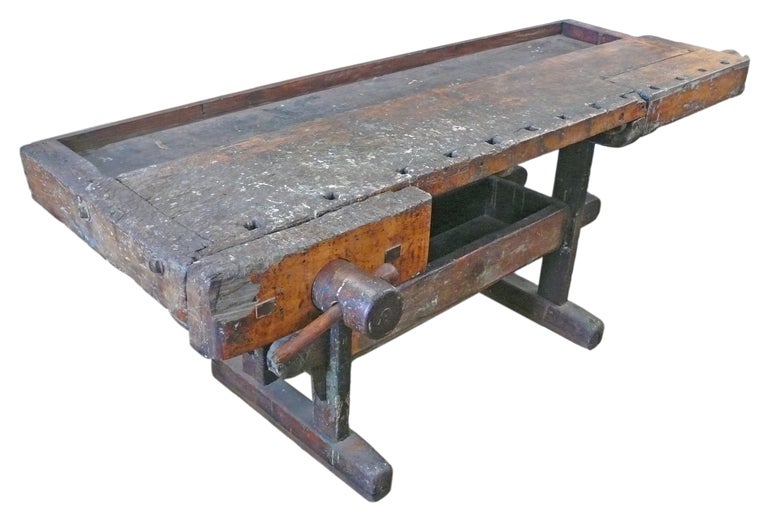 A fantastic workbench with incredible surface, patina and character. Produced by the Ohio Tool Company sometime in the early 20th century, this is one of the best examples we have seen of this type of industrial woodworker's bench. Beautifully worn