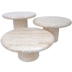 Set of Three Travertine Low Disc Tables