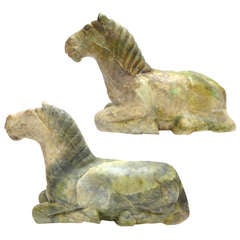 Vintage Pair of Green Onyx Seated-Horse Statues